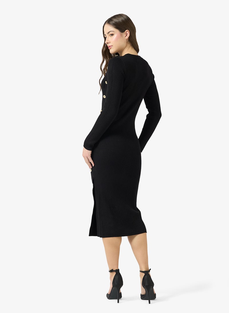 GUESS Rib Logo Button Long Sleeve Bodycon Midi Dress - Image 2