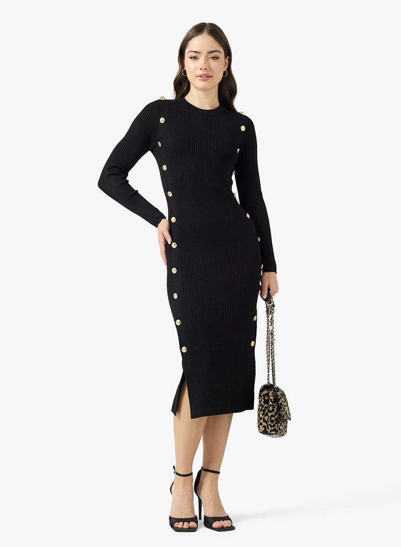 GUESS Rib Logo Button Long Sleeve Bodycon Midi Dress - Image 1