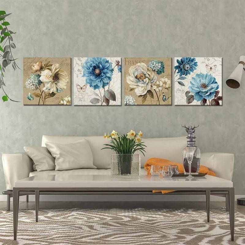 Wall HDQ Peony Rose Wall Art Blue and White Flower Wall Decor Floral Butterfly Painting for Bathroom Living Room Bedroom Home Decor Abstract Canvas Print Picture Ready to Hang (12''x12'' x4Pcs) - Image 5
