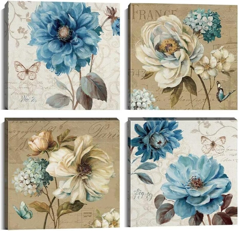 Wall HDQ Peony Rose Wall Art Blue and White Flower Wall Decor Floral Butterfly Painting for Bathroom Living Room Bedroom Home Decor Abstract Canvas Print Picture Ready to Hang (12''x12'' x4Pcs) - Image 1