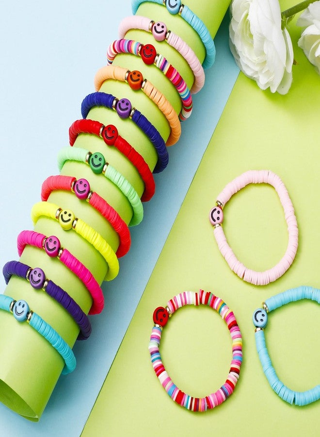 Sureio 24 Pcs Colorful Happy Smile Face Friendship Bracelets Preppy Heishi Surfer Stretch Beaded Bracelet for Girls Women Back to School Tween Girl Party Favors - Image 4