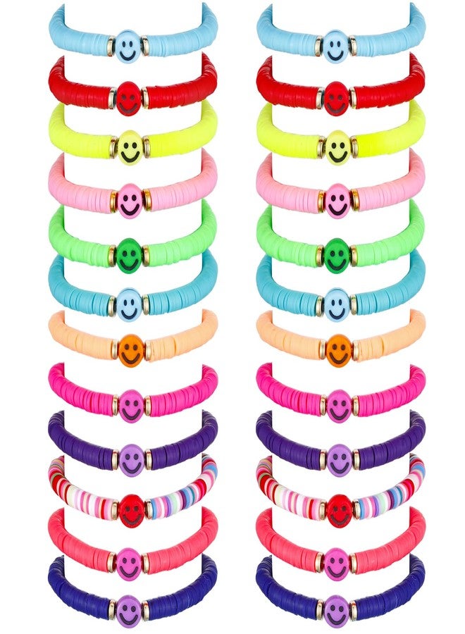 Sureio 24 Pcs Colorful Happy Smile Face Friendship Bracelets Preppy Heishi Surfer Stretch Beaded Bracelet for Girls Women Back to School Tween Girl Party Favors - Image 1