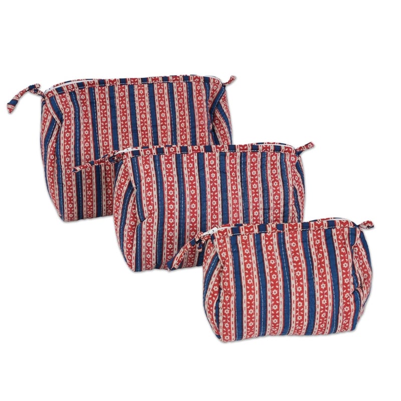 Peepul Tree Quilted Makeup PouchUtility Set of 3 Handprinted in Red Blue Portable Toiletry Bag Large 9 x 8 x 5 inches Medium 8 x 7 x 45 inches Small 6 x 5 x 4 inches - Image 1