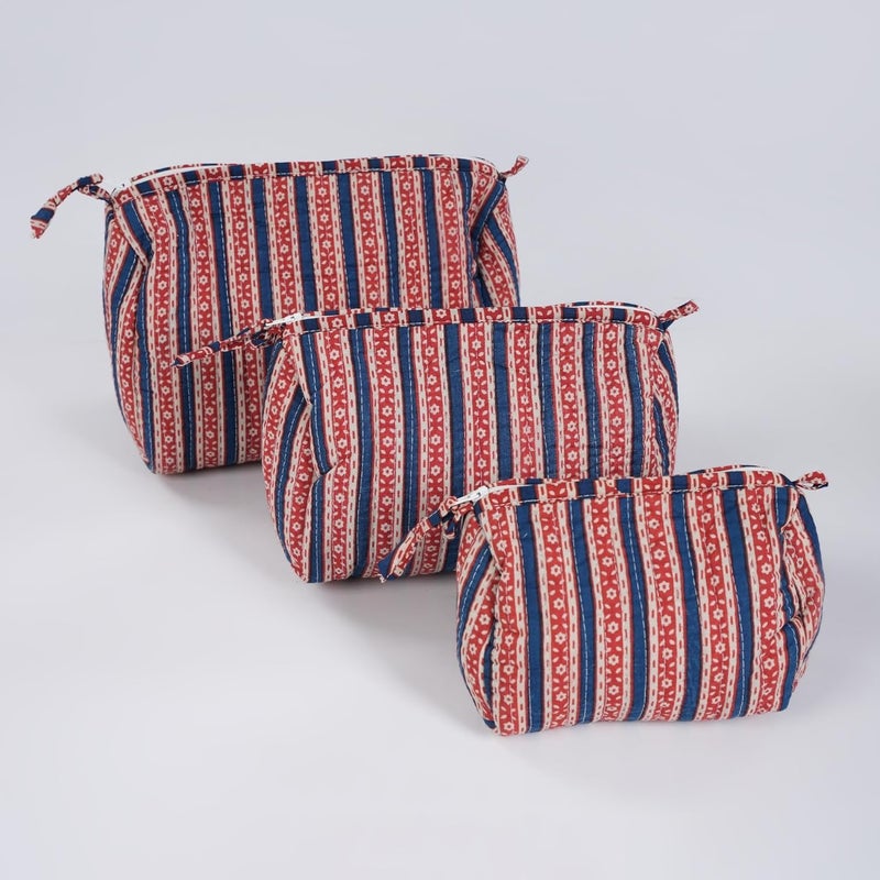 Peepul Tree Quilted Makeup PouchUtility Set of 3 Handprinted in Red Blue Portable Toiletry Bag Large 9 x 8 x 5 inches Medium 8 x 7 x 45 inches Small 6 x 5 x 4 inches - Image 2