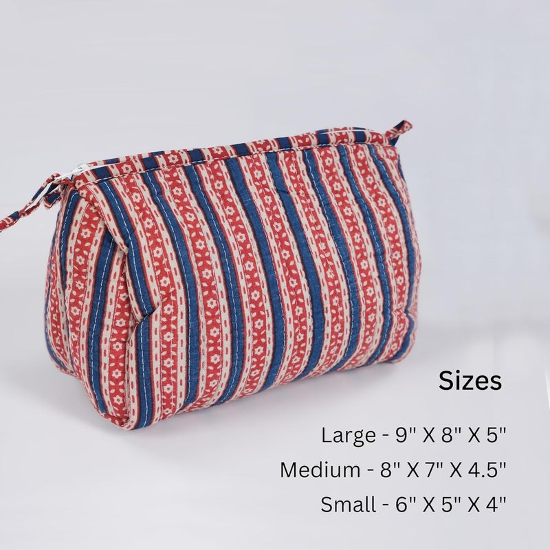 Peepul Tree Quilted Makeup PouchUtility Set of 3 Handprinted in Red Blue Portable Toiletry Bag Large 9 x 8 x 5 inches Medium 8 x 7 x 45 inches Small 6 x 5 x 4 inches - Image 5