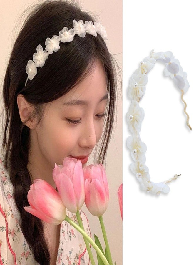 AIUPUOC French Floral Pearl Headband with White Flower Design for Girls - Pearl-Embellished Spring Hair Accessory - Image 1