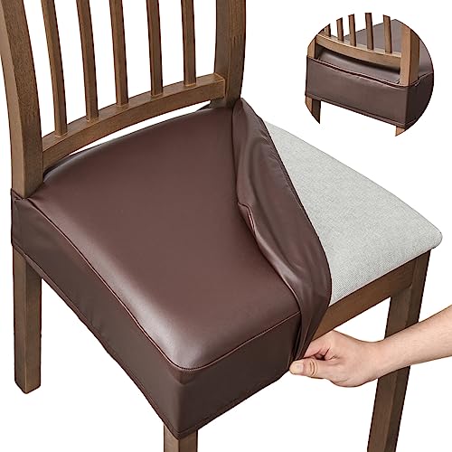 NILUOH Waterproof Seat Covers for Dining Room Chairs Set of 4, Pu Leather Chair Seat Slipcovers Dining Chair Cover Removable Washable Chair Protctor Cover, Rear Covers (PU-Coffee) - Image 1