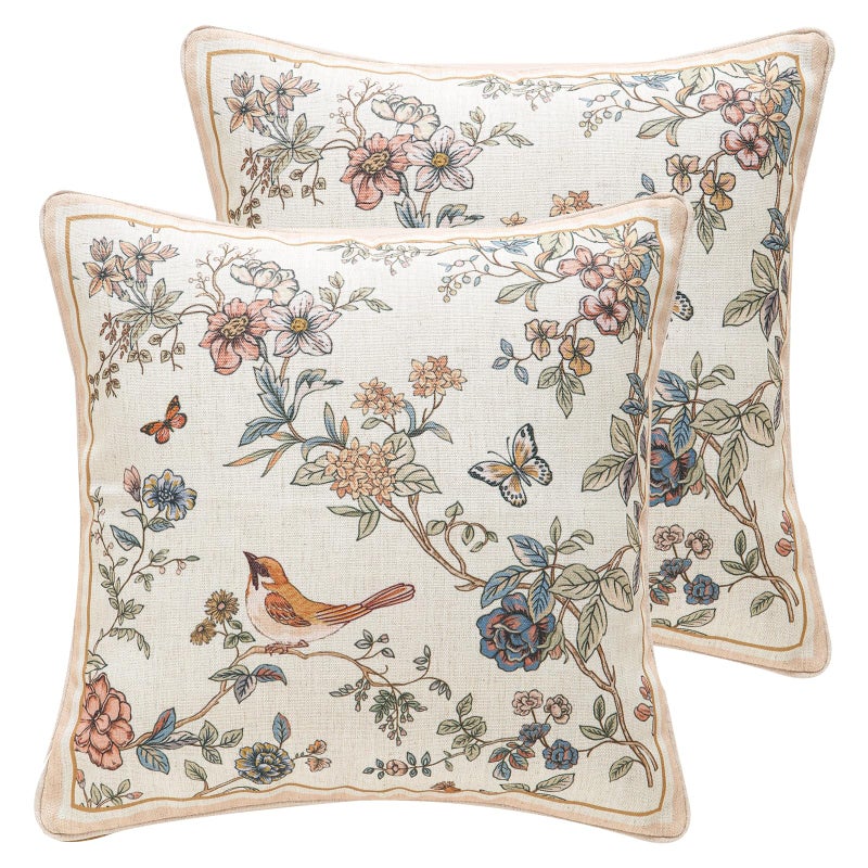 ISAENNE Design Square Floral Bird Linen Throw Pillow Covers 18"x18" Pack of 2, Yellow Pink Cushion Covers with Flower Chinese Hwamei Decor Pillowcases for Bed,Living Room,Outdoor,Car - Image 1