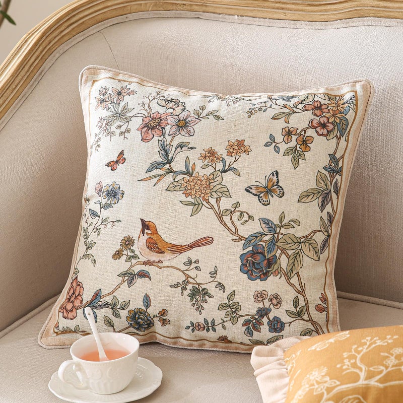 ISAENNE Design Square Floral Bird Linen Throw Pillow Covers 18"x18" Pack of 2, Yellow Pink Cushion Covers with Flower Chinese Hwamei Decor Pillowcases for Bed,Living Room,Outdoor,Car - Image 2