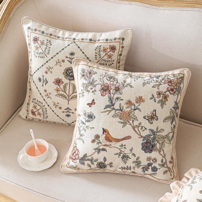ISAENNE Design Square Floral Bird Linen Throw Pillow Covers 18"x18" Pack of 2, Yellow Pink Cushion Covers with Flower Chinese Hwamei Decor Pillowcases for Bed,Living Room,Outdoor,Car - Image 3