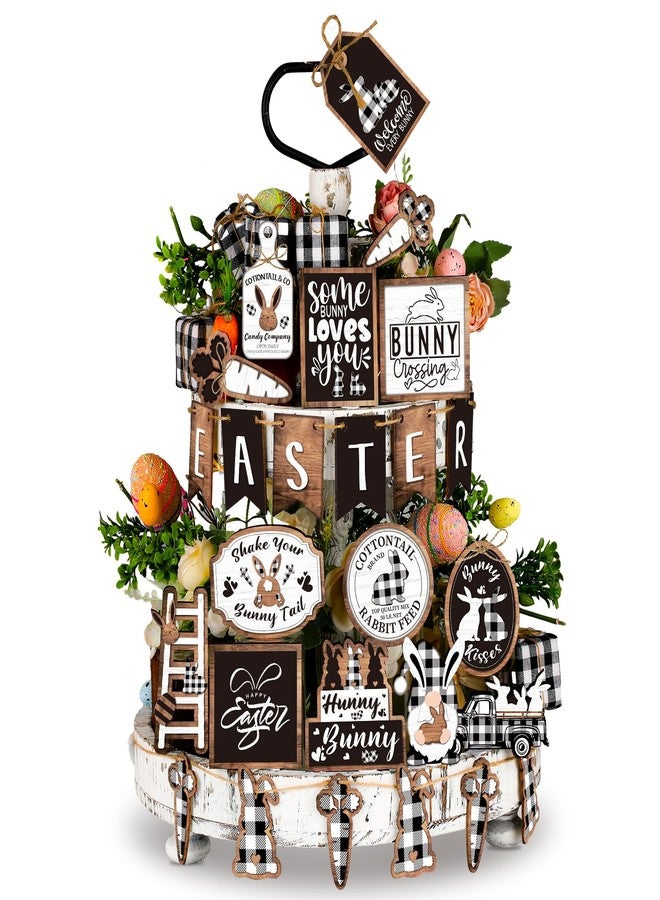 Amyhill 28 Pcs Easter Tiered Tray Decor Rustic Black White Spring Wooden Tabletop Sign Buffalo Plaid Bunny Carrot Gnome Block Farmhouse Easter Decor for Home Table Kitchen Shelf - Image 1