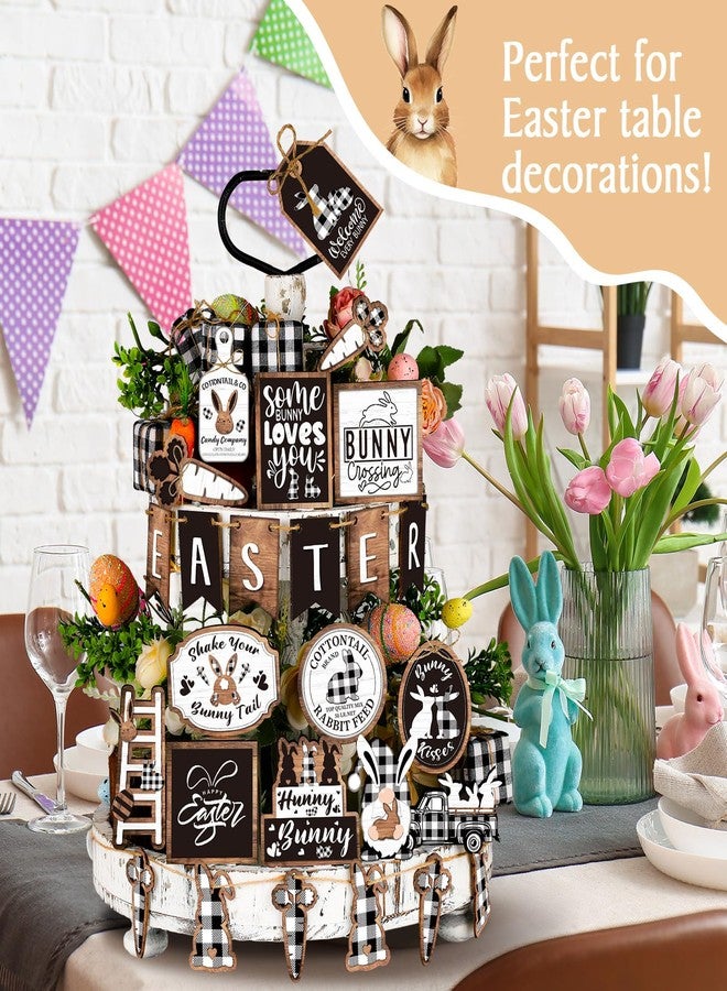 Amyhill 28 Pcs Easter Tiered Tray Decor Rustic Black White Spring Wooden Tabletop Sign Buffalo Plaid Bunny Carrot Gnome Block Farmhouse Easter Decor for Home Table Kitchen Shelf - Image 5