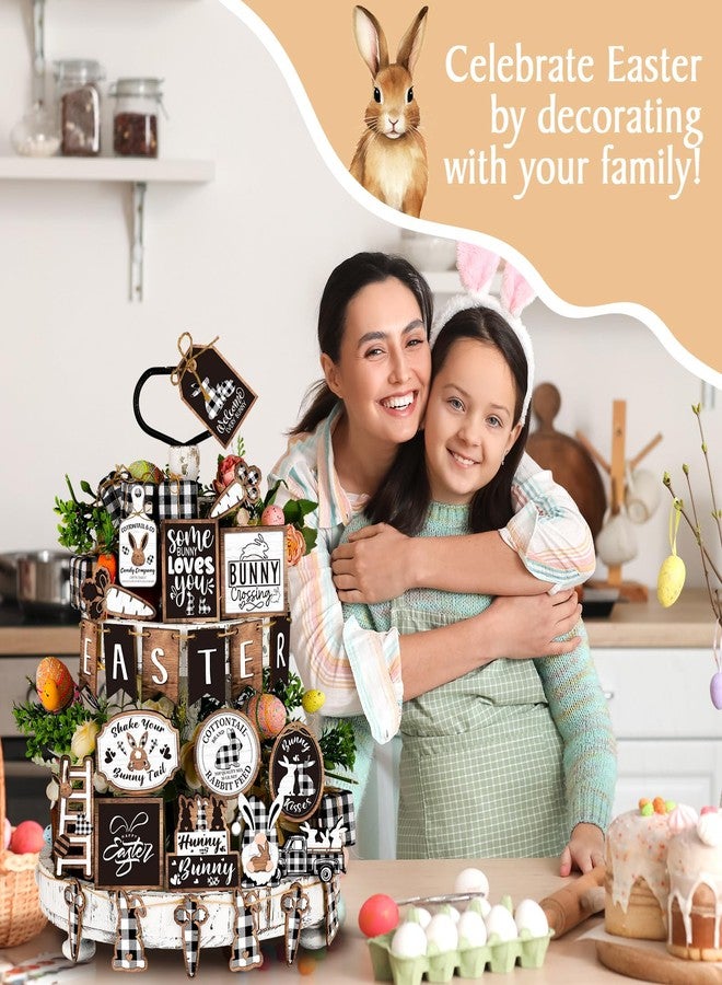 Amyhill 28 Pcs Easter Tiered Tray Decor Rustic Black White Spring Wooden Tabletop Sign Buffalo Plaid Bunny Carrot Gnome Block Farmhouse Easter Decor for Home Table Kitchen Shelf - Image 4