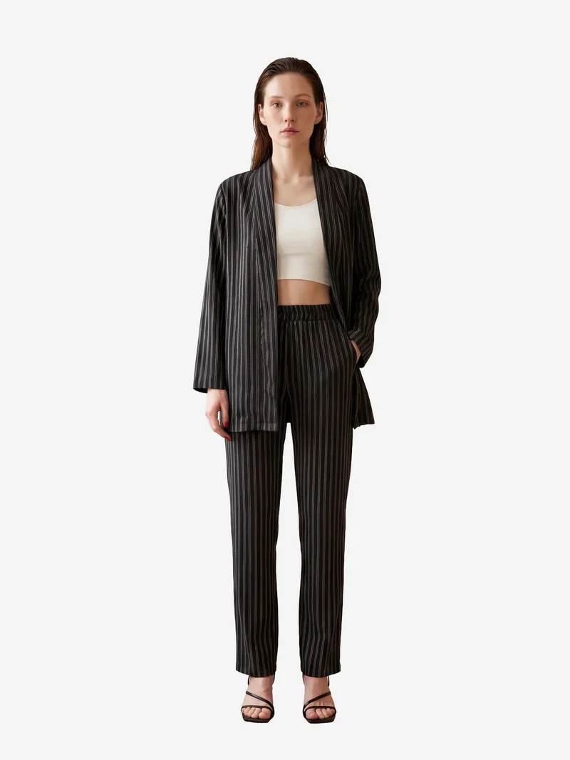 MY FASHION Black MY FASHION Striped Two-Piece Co-Ord Set with Open Collar for Women | Best Price UAE