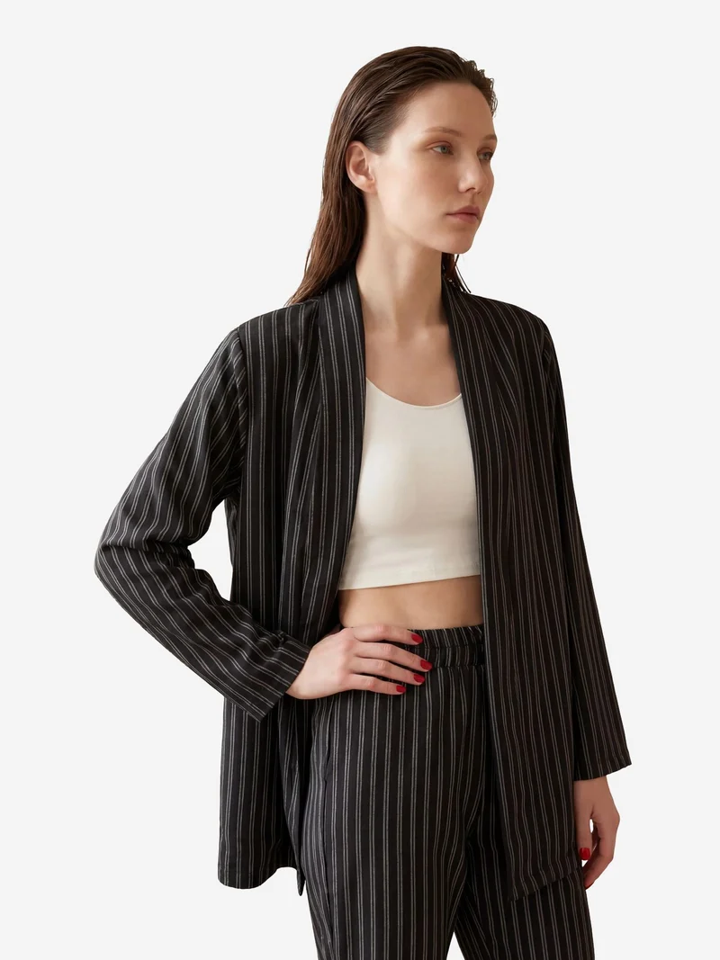 MY FASHION Black MY FASHION Striped Two-Piece Co-Ord Set with Open Collar for Women | Best Price UAE