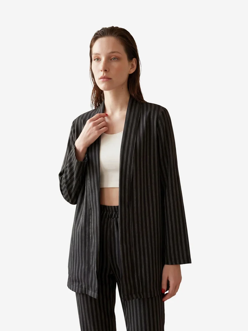 MY FASHION Black MY FASHION Striped Two-Piece Co-Ord Set with Open Collar for Women | Best Price UAE
