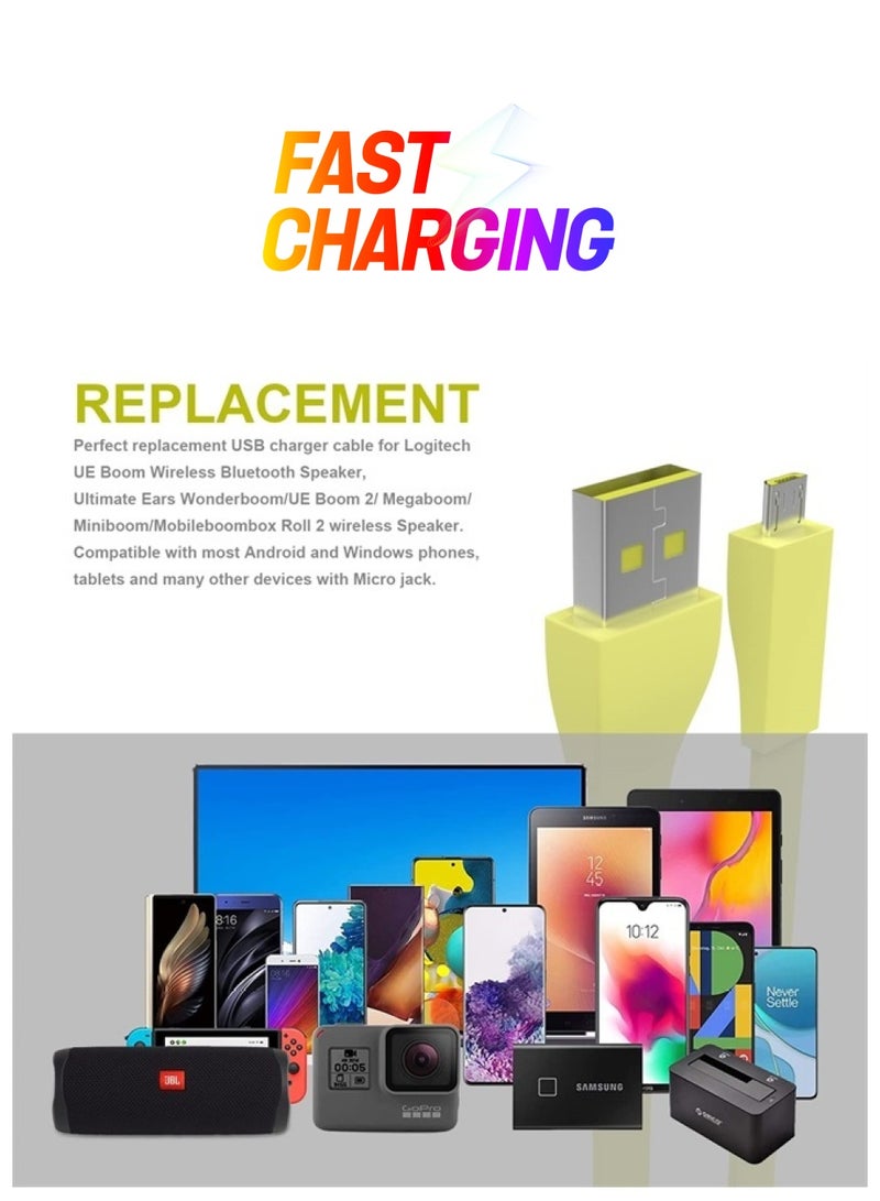 Koffmon 2FT Replacement Charger Cord Flat Cable, Micro USB Fast Charging Power Supply Cable Line Compatible with Logitech UE Boom & JBL Wireless Speaker and JBL Bluetooth Earphones(Yellow) - Image 1