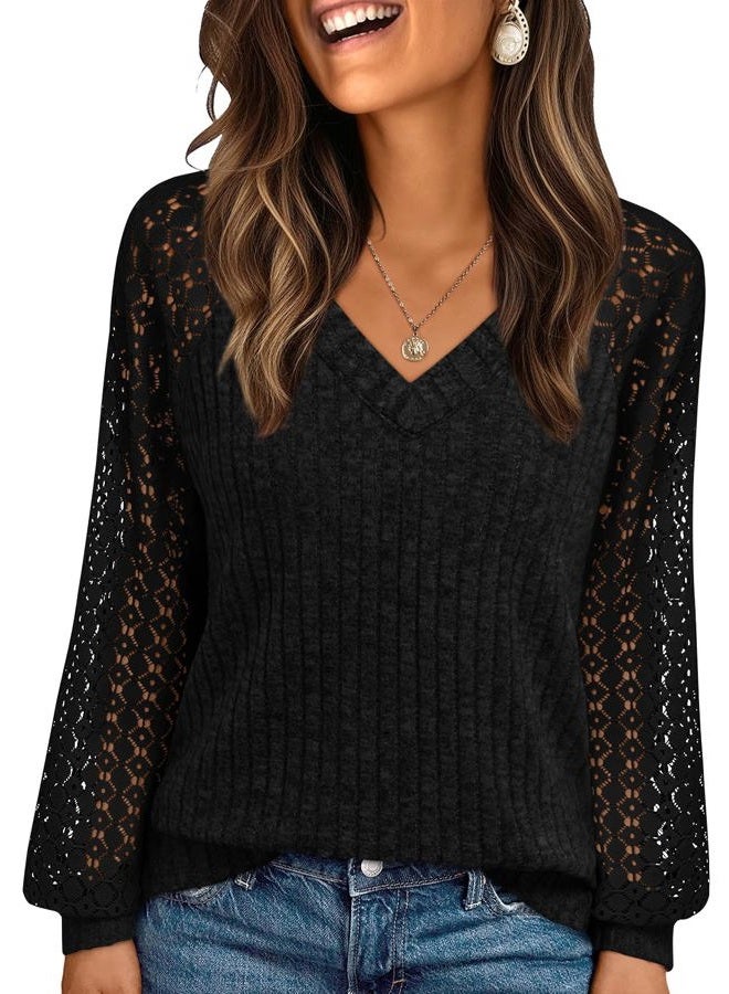 AUTOMET Women Summer Tops Spring Fashion 2026 Lace Long Sleeve Shirts Fall Sweaters Dressy Casual Tunic Blouse Work Clothing, Black, L - Image 1