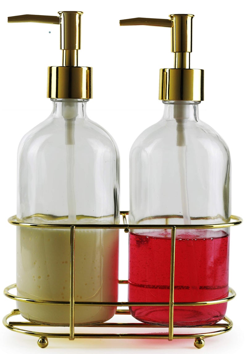 Circleware DispenseIt Duo Gold Soap Dispenser Accent Bottle Pumps in Metal Caddy Set of 2 Bathroom Accessories Home Decor for Essential Oils Lotions Liquid Soaps 16 oz Clear Model Number 32465