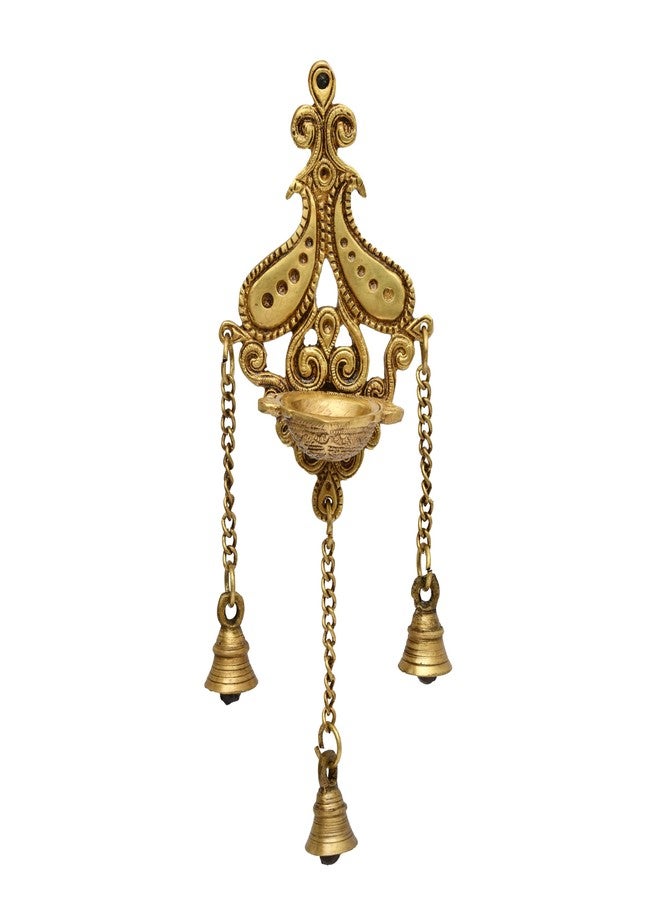 AARGKRAFT Brass Diya with Three Hanging Bells on Chain Designer Wall Diya Home Office Decor Deepak Decorative Deepam Showpiece Gifts - Image 1