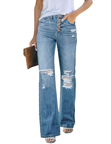 LookbookStore Womens Boot Cut Distressed Mid Rise Jeans Size 12-14 with Cut Out Flare Pants Fashion - Image 1