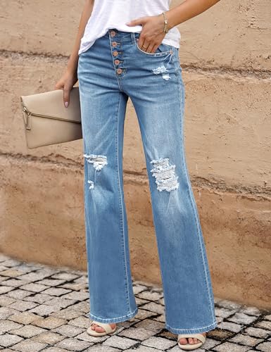 LookbookStore Womens Boot Cut Distressed Mid Rise Jeans Size 12-14 with Cut Out Flare Pants Fashion - Image 2