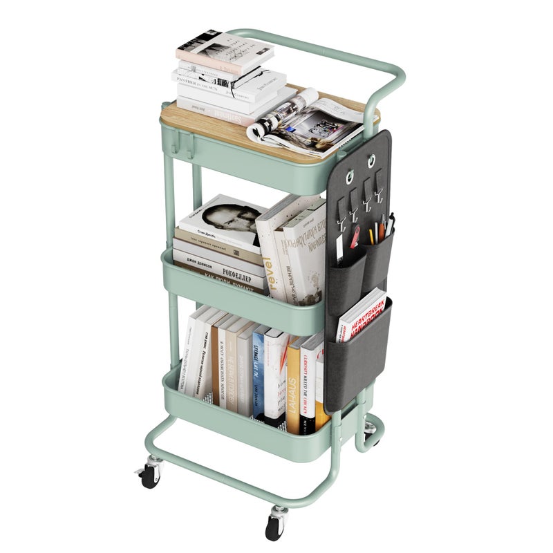 DTK 3 Tier Metal Utility Rolling Cart with Table Top and Side Bags, Metal Tray Storage Organizer Cart with Wheels, Art Craft Cart with 4 Hooks for Kitchen Bathroom Office Living Room (Green) - Image 1