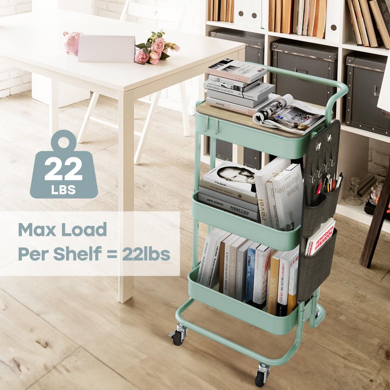 DTK 3 Tier Metal Utility Rolling Cart with Table Top and Side Bags, Metal Tray Storage Organizer Cart with Wheels, Art Craft Cart with 4 Hooks for Kitchen Bathroom Office Living Room (Green) - Image 3