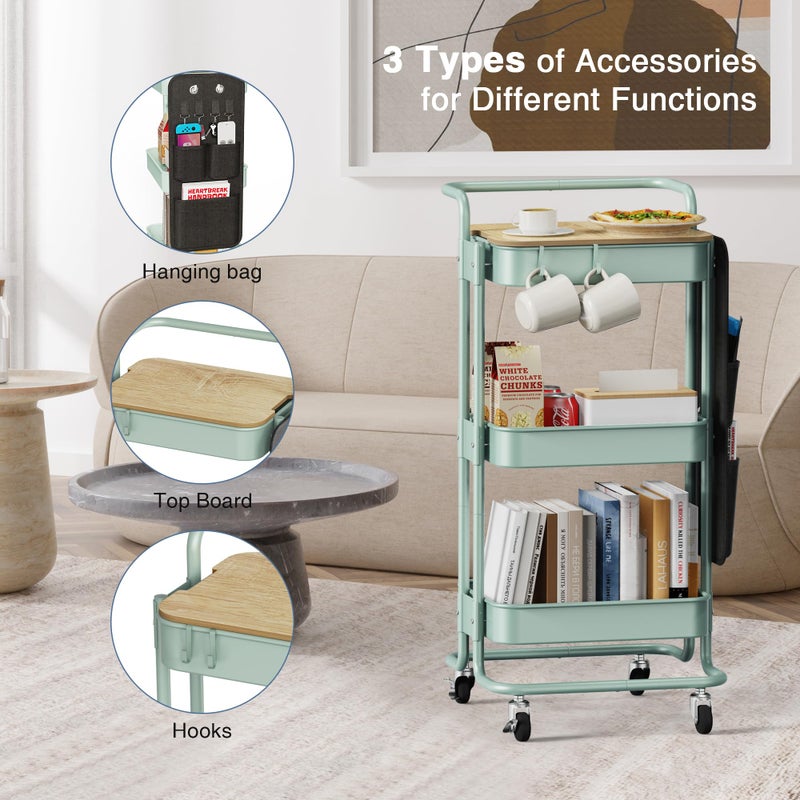 DTK 3 Tier Metal Utility Rolling Cart with Table Top and Side Bags, Metal Tray Storage Organizer Cart with Wheels, Art Craft Cart with 4 Hooks for Kitchen Bathroom Office Living Room (Green) - Image 5
