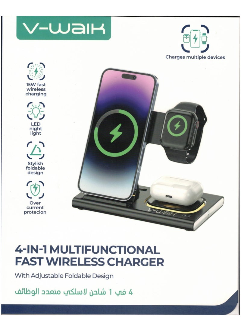 V-Walk - V-WALK 4-IN-1 Multifunctional Fast Wireless Stand Charger Compatible with iPhones/iWatch/AirPods/Type – C Earbuds - Black - Image 1