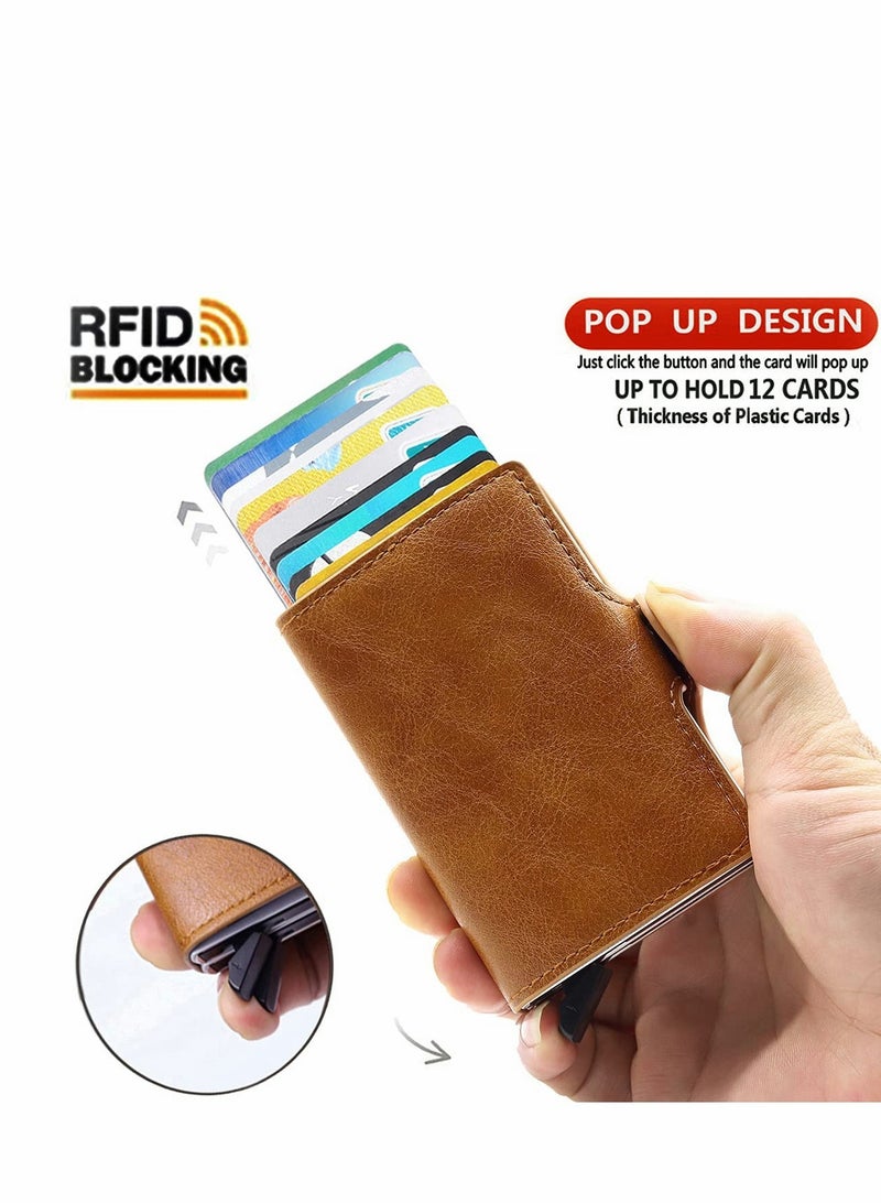 محفظة RFID رفيعة للرجال والنساء، حامل بطاقات جلدي منبثق تلقائي، محفظة سفر مضادة للسرقة تتسع لـ 14 بطاقة + نقود - Image 2