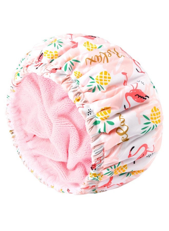 Aileam Shower Cap for Women Terry Lined Bath Cap Large Reusable Waterproof Elastic Band Pink Flamingo Shower Caps for Long Thick Hair Soft Bath Shower Hair Caps - Image 1