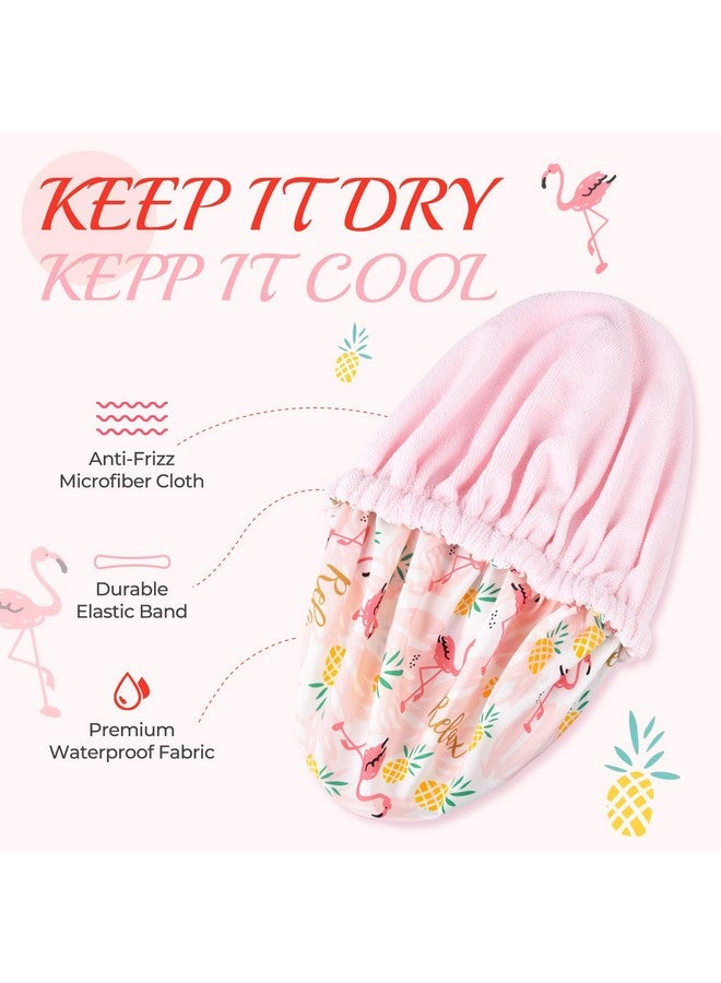 Aileam Shower Cap for Women Terry Lined Bath Cap Large Reusable Waterproof Elastic Band Pink Flamingo Shower Caps for Long Thick Hair Soft Bath Shower Hair Caps - Image 2