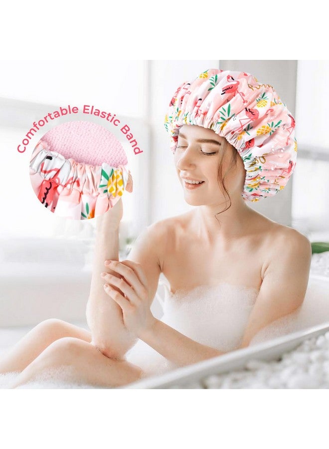Aileam Shower Cap for Women Terry Lined Bath Cap Large Reusable Waterproof Elastic Band Pink Flamingo Shower Caps for Long Thick Hair Soft Bath Shower Hair Caps - Image 4