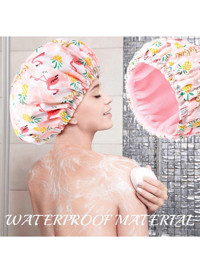 Aileam Shower Cap for Women Terry Lined Bath Cap Large Reusable Waterproof Elastic Band Pink Flamingo Shower Caps for Long Thick Hair Soft Bath Shower Hair Caps - Image 3