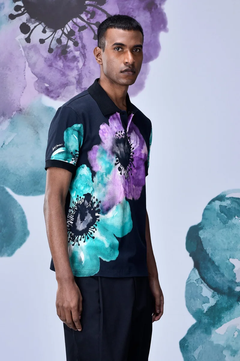 Genes Lecoanet Hemant Black-Green Cotton PiquÃ© Polo with Abstract Floral Print