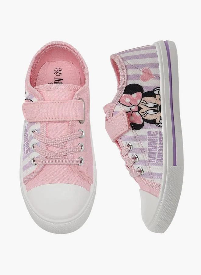 ديزني Girls Minnie Mouse Print Hook & Loop Ankle Sneakers