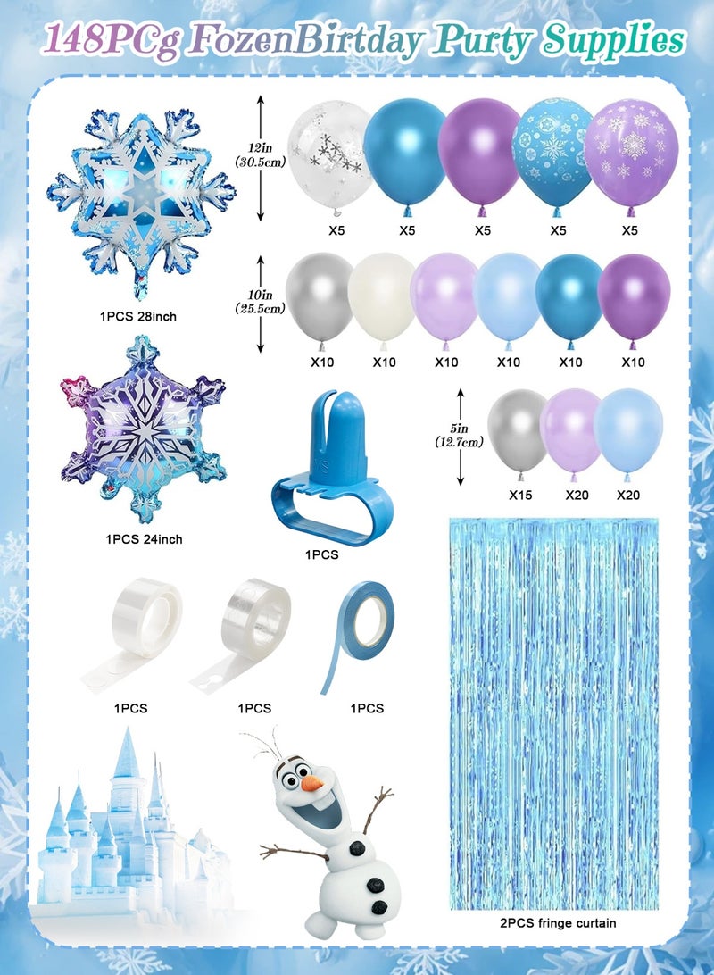 URbazaar 148pcs Frozen Balloon Arch Garland Kit, Blue Purple White Balloons with Fringe Curtain Snowflake Balloons Birthday Banner for Winter Wonderland 3th 4th Frozen Birthday Party Decorations - Image 2