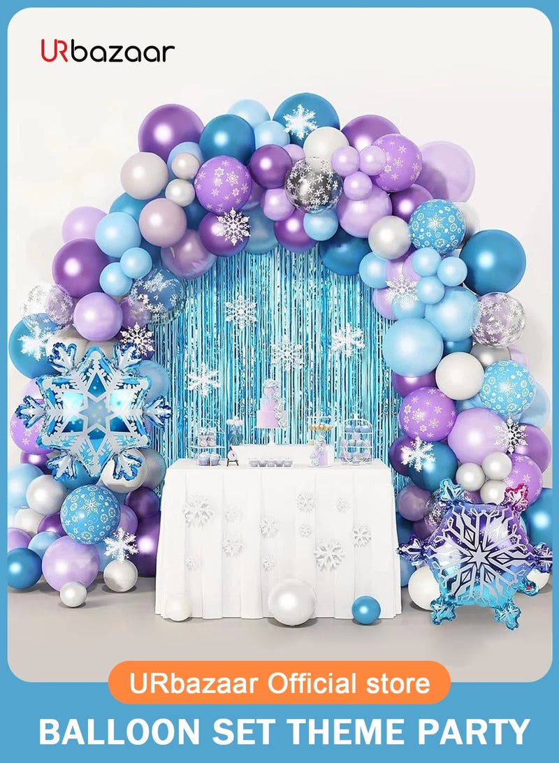 URbazaar 148pcs Frozen Balloon Arch Garland Kit, Blue Purple White Balloons with Fringe Curtain Snowflake Balloons Birthday Banner for Winter Wonderland 3th 4th Frozen Birthday Party Decorations - Image 1