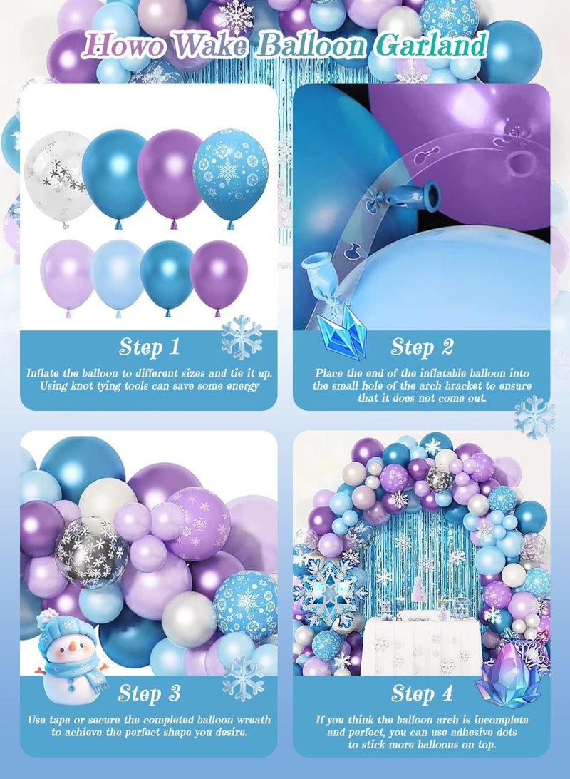 URbazaar 148pcs Frozen Balloon Arch Garland Kit, Blue Purple White Balloons with Fringe Curtain Snowflake Balloons Birthday Banner for Winter Wonderland 3th 4th Frozen Birthday Party Decorations - Image 4