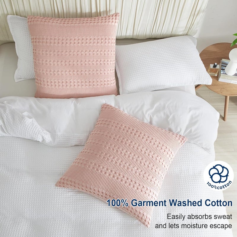 PHF 2 Piece 60cm x 60cm Cotton Waffle Weave Pillow Covers, Luxury Square Elegant Decorative Covers, No Filling, Pink - Image 2