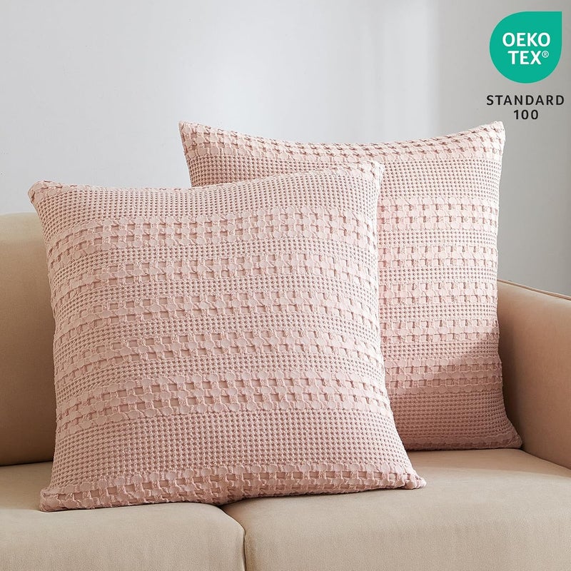 PHF 2 Piece 60cm x 60cm Cotton Waffle Weave Pillow Covers, Luxury Square Elegant Decorative Covers, No Filling, Pink - Image 3