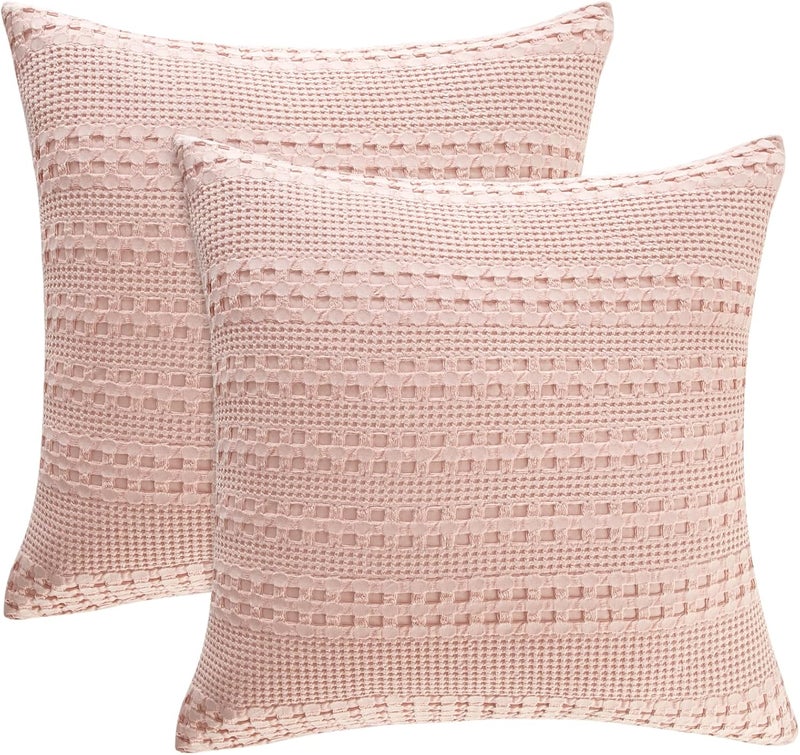 PHF 2 Piece 60cm x 60cm Cotton Waffle Weave Pillow Covers, Luxury Square Elegant Decorative Covers, No Filling, Pink - Image 1