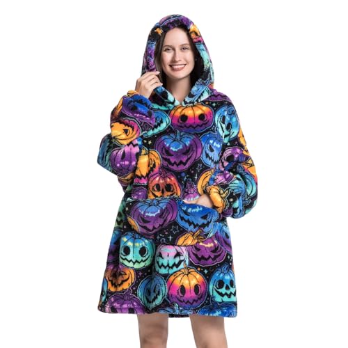 DESERT HOME Deserthome Wearable Blanket Hoodie Oversized Hooded Blanket for Adult Women Super Soft Comfortable Warm Flannel Halloween Pumpkin - Image 1