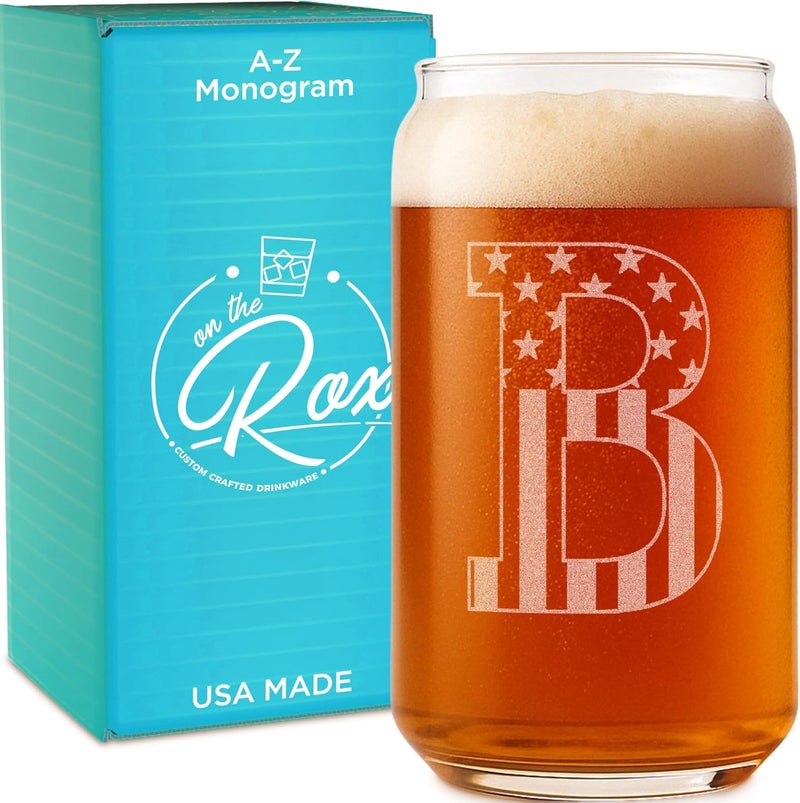 On The Rox Monogram Beer Glasses for Men (A-Z) 16 oz - Beer Gifts for Men Brother Son Dad Neighbor - Unique Gifts for Him - Personalized Drinking Gift Beer Glass Mugs - Engraved Beer Can Glass (B) - Image 1