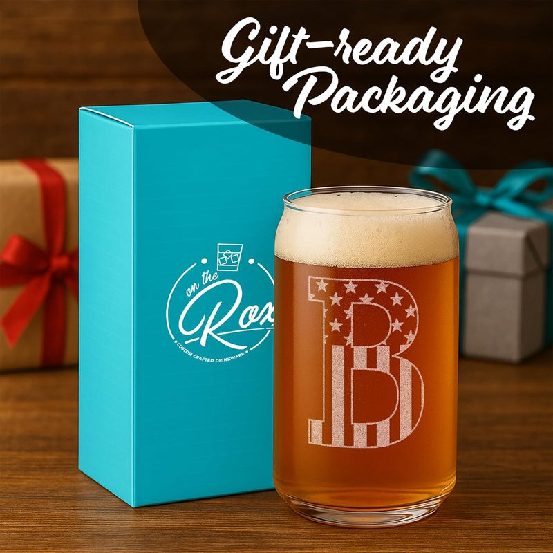 On The Rox Monogram Beer Glasses for Men (A-Z) 16 oz - Beer Gifts for Men Brother Son Dad Neighbor - Unique Gifts for Him - Personalized Drinking Gift Beer Glass Mugs - Engraved Beer Can Glass (B) - Image 4