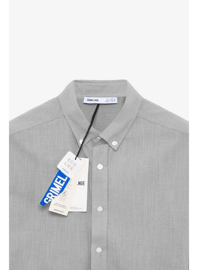 GRIMELANGE Perttu Men's 100% Cotton Slim Fit Narrow Cut Button-Collar Linen-Style Flannel Grey Shirt.