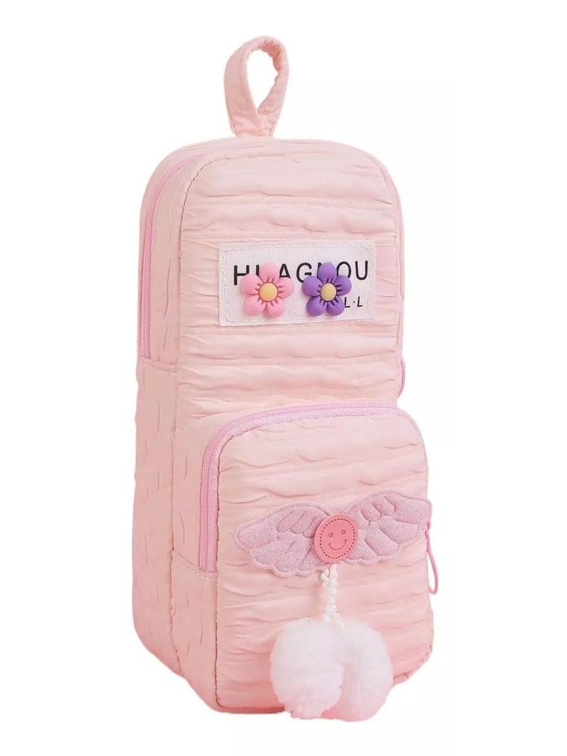 Parshya Cute Pencil Pouch for Girls | Large Capacity Multi-Layer Stationery Organizer | Soft Plush Zipper Pencil Case with Pom-Pom & Cute Flower Design | School Supplies Pouch for Kids & Teens - Image 1