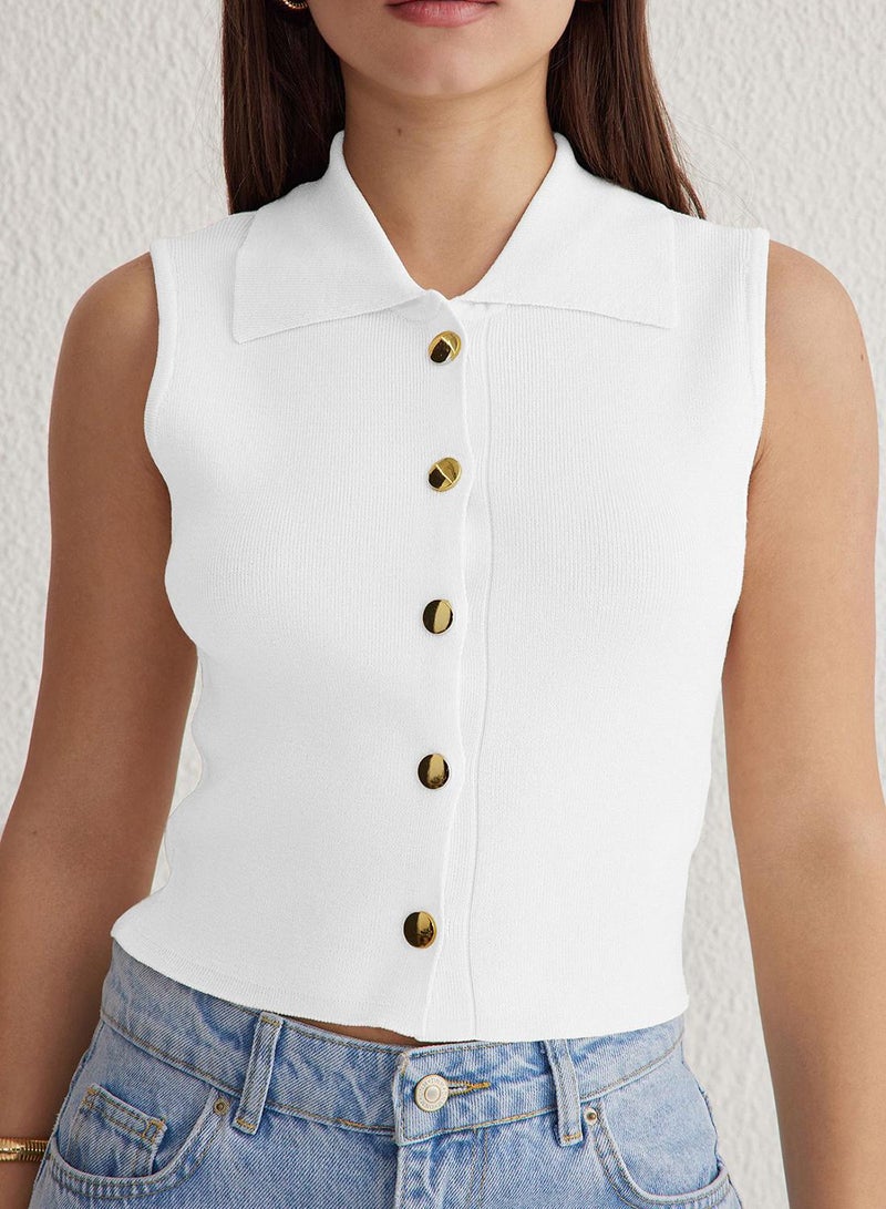 trendyol Premium Ecru Crop Knitwear Sweater - Vest Look, Special Yarn - Image 3