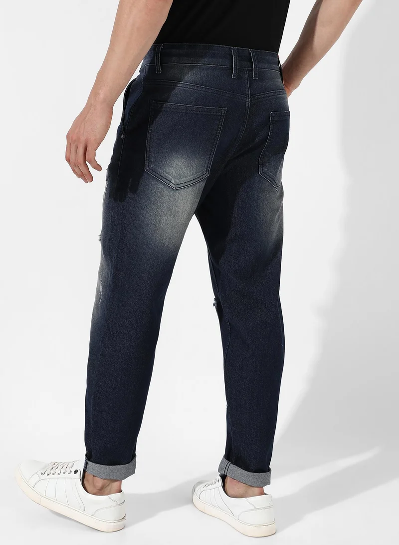Campus Sutra Men's Ripped Dark-Wash Denim Jeans